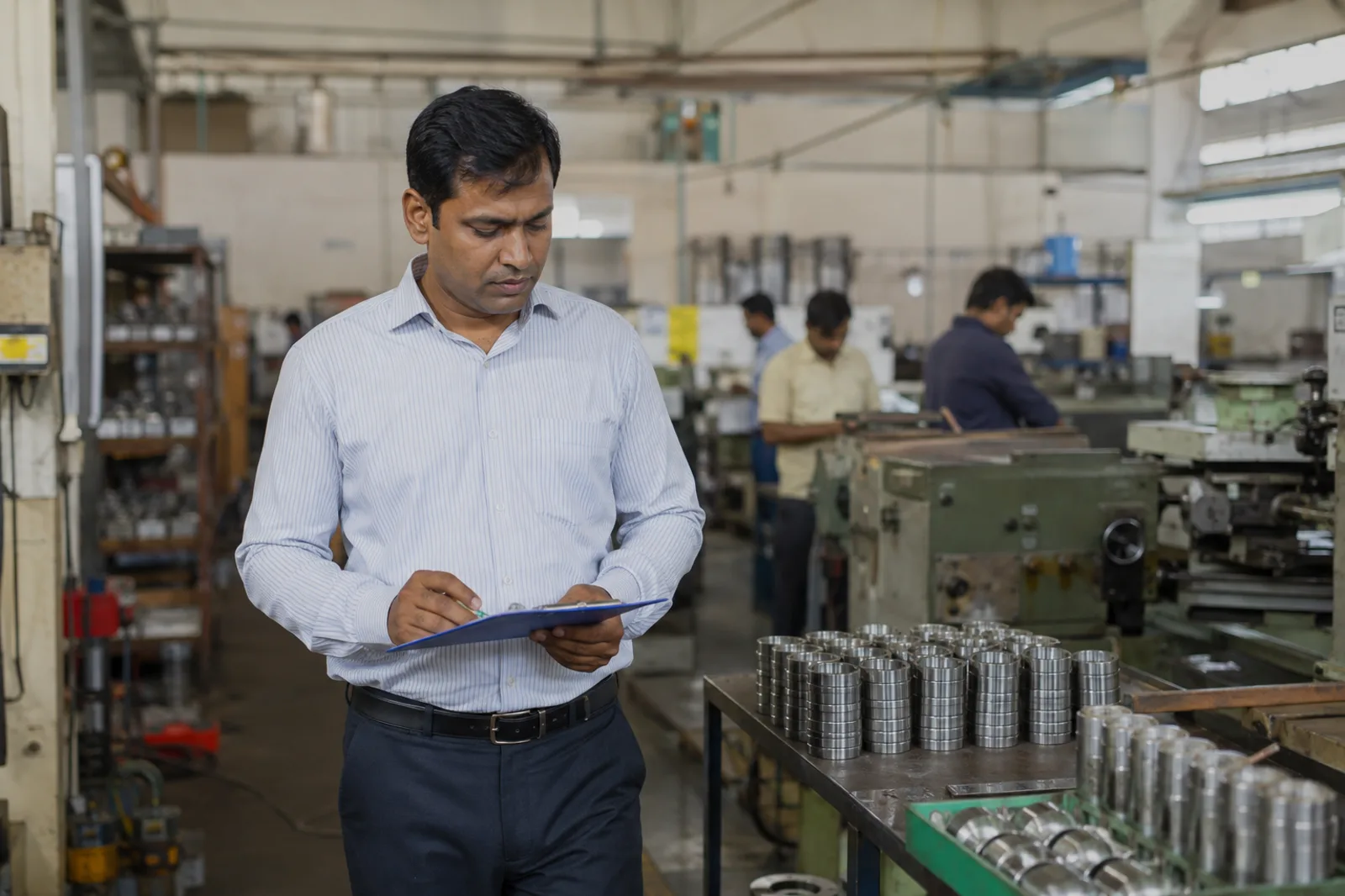 An Indian entrepreneur reviewing production in a workshop